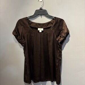 Ann Taylor Loft Brown Silk Blouse  Cap Sleeves Pleated Neckline Women's  Size M